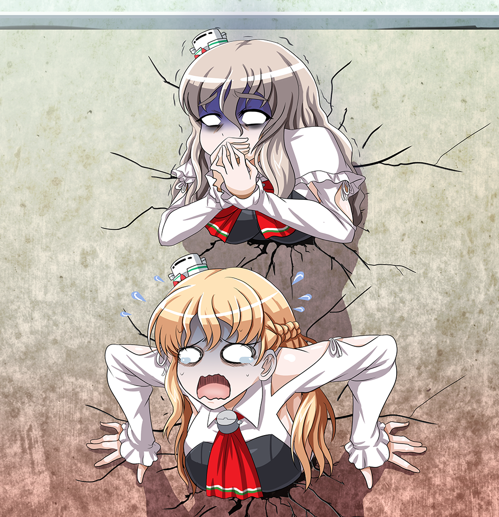 2girls ascot braid capelet commentary_request cracked_wall crying curly_hair detached_sleeves drunk flying_sweatdrops french_braid headgear kabe_ni_hamatte_ugokenai! kantai_collection light_brown_hair long_hair multiple_girls nausea pale_face parody pola_(kantai_collection) silver_hair stuck tk8d32 trembling turn_pale zara_(kantai_collection)