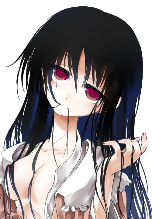 1girl black_legwear breasts hair_in_mouth houraisan_kaguya long_hair looking_at_viewer no_bra open_clothes open_shirt red_eyes shirt smile solo touhou ugatsu_matsuki upper_body