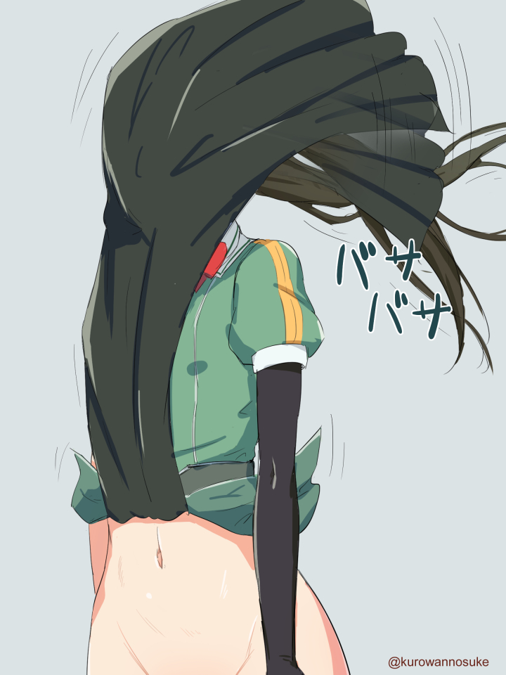 1girl arms_at_sides black_gloves blue_background brown_hair covering_face elbow_gloves gloves green_shirt groin kantai_collection kurowan loincloth long_hair motion_lines navel puffy_short_sleeves puffy_sleeves shirt short_sleeves simple_background sketch solo standing tone_(kantai_collection) twitter_username wind
