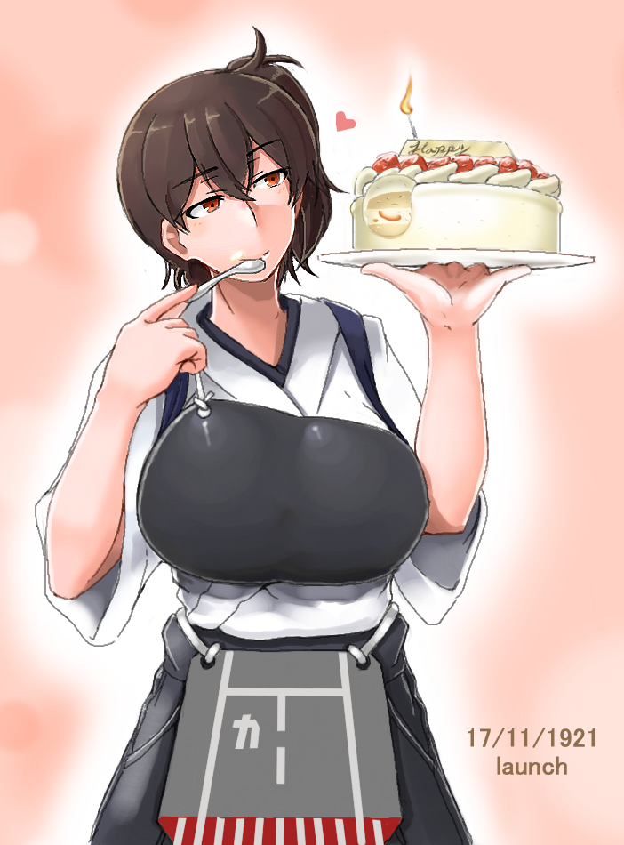 1girl breasts brown_eyes brown_hair cake eating food food_on_face fruit happy_birthday japanese_clothes kaga_(kantai_collection) kantai_collection large_breasts long_hair muneate pastry saizu_nitou_gunsou side_ponytail smile solo spoon strawberry