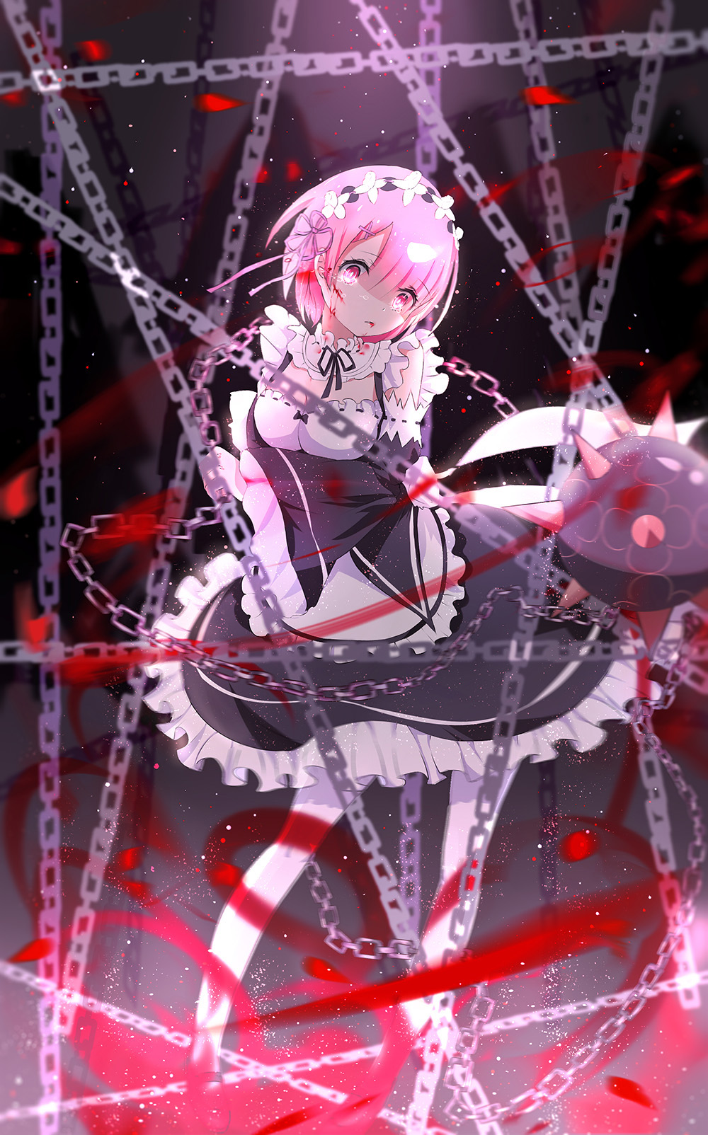 1girl apron bangs black_shoes bleeding blood blood_from_mouth blood_on_face bloody_clothes bob_cut breasts chain cleavage collar crying crying_with_eyes_open detached_collar detached_sleeves flail frilled_apron frilled_collar frilled_skirt frilled_sleeves frills full_body hair_ornament hair_ribbon highres holding holding_weapon horn injury looking_at_viewer maid maid_apron maid_headdress medium_breasts morning_star neck_ribbon pink_eyes pink_hair ram_(re:zero) re:zero_kara_hajimeru_isekai_seikatsu ribbon sayo shoes short_hair skirt standing tears weapon white_legwear wide_sleeves x_hair_ornament
