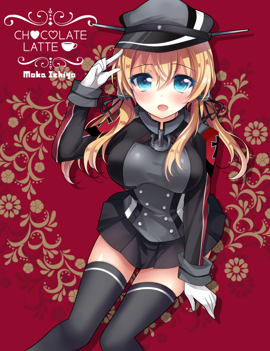 1girl :d anchor_choker arm_up black_legwear black_skirt blush breasts coffee_cup colored_eyelashes cover cover_page eyebrows eyebrows_visible_through_hair gloves grey_hat hair_between_eyes hat heart ichiyou_moka index_finger_raised iron_cross kantai_collection large_breasts long_sleeves looking_at_viewer military military_uniform open_mouth peaked_cap prinz_eugen_(kantai_collection) sitting skirt sleeve_cuffs smile solo thigh-highs uniform white_gloves zettai_ryouiki