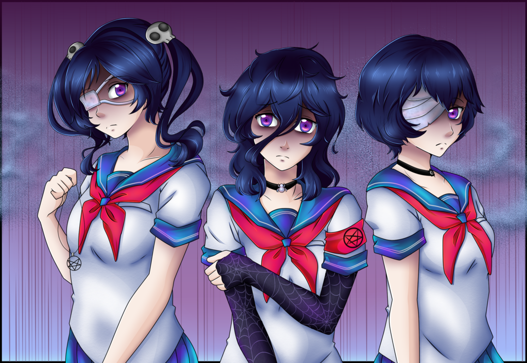 eyepatch kokuma_jutsu mulberrydreamer oka_ruto purple_eyes purple_hair skull spider_web spider_web_print supana_churu three_girls yandere_simulator