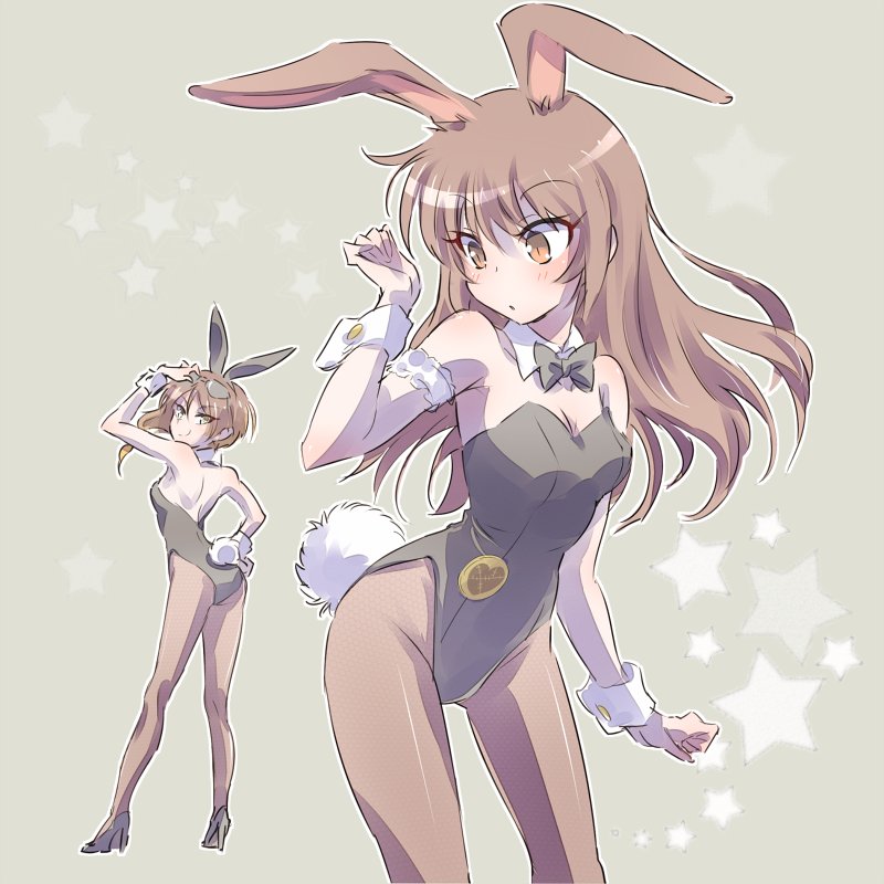 2girls alternate_costume animal_ears arm_garter ass bow bowtie breasts brown_eyes brown_hair bunny_tail bunnysuit cleavage coco_adel collar commentary_request from_behind hand_on_hip high_heels iesupa long_hair looking_back multiple_girls rabbit_ears rwby short_hair sideboob sunglasses tail velvet_scarlatina wrist_cuffs
