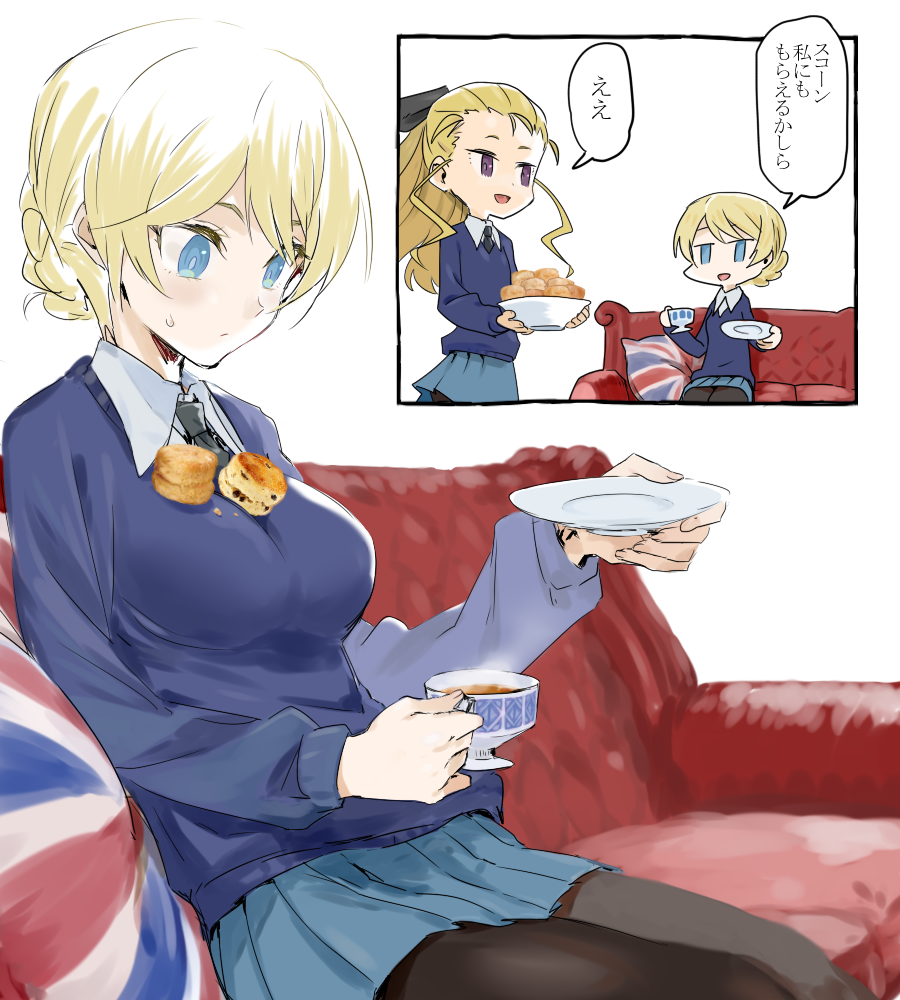 assam black_legwear blonde_hair blue_eyes blue_skirt blush braid breasts brown_eyes check_commentary collared_shirt commentary_request couch cup darjeeling food food_on_body girls_und_panzer homaredai large_breasts long_hair necktie pantyhose pillow saucer scone shirt sitting sitting_on_object sketch skirt sweatdrop sweater teacup translation_request union_jack