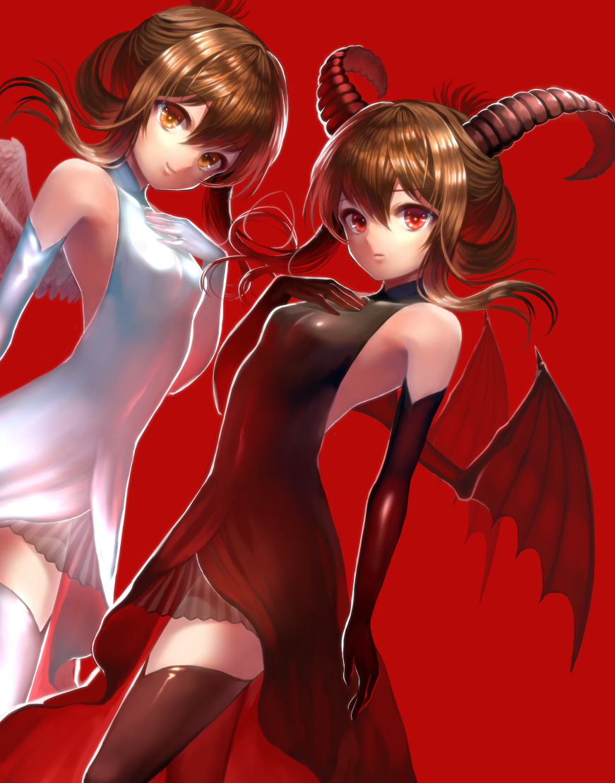 2girls angel_and_devil angel_wings arm_at_side bangs black_dress black_gloves black_legwear black_wings breasts brown_eyes brown_hair closed_mouth cowboy_shot demon_girl demon_horns demon_wings dress dual_persona dutch_angle eyebrows eyebrows_visible_through_hair feathered_wings floating_hair folded_ponytail gloves hair_between_eyes halterneck horns inazuma_(kantai_collection) kantai_collection long_hair looking_at_viewer multiple_girls red_background red_eyes red_wings see-through sidelocks sleeveless sleeveless_dress small_breasts smile striped symmetrical_pose thigh-highs to_nasu white_dress white_gloves white_legwear white_wings wings
