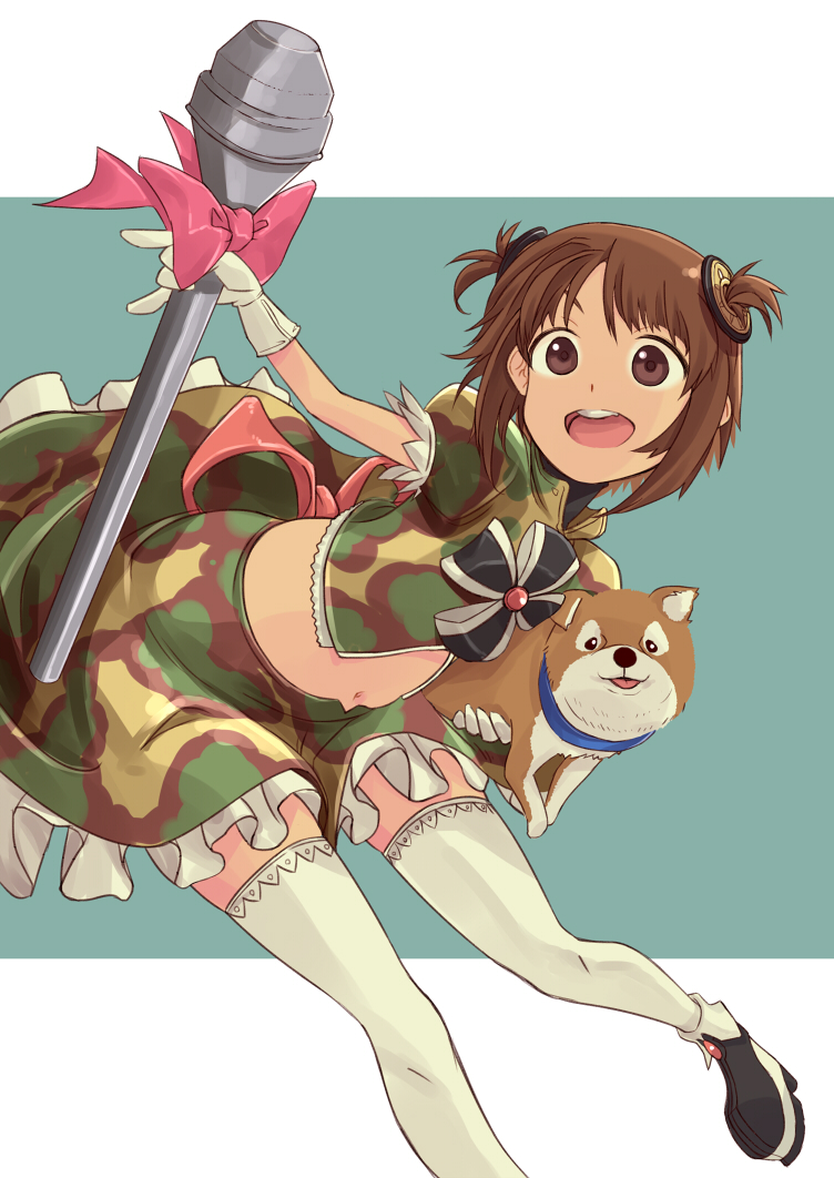 1girl blue_background bow brown_eyes brown_hair camouflage camouflage_skirt collar dog dog_collar frills girls_und_panzer magical_girl nishizumi_miho panzerfaust platform_footwear simple_background skirt suo_(sndrta2n) thigh-highs twintails zettai_ryouiki