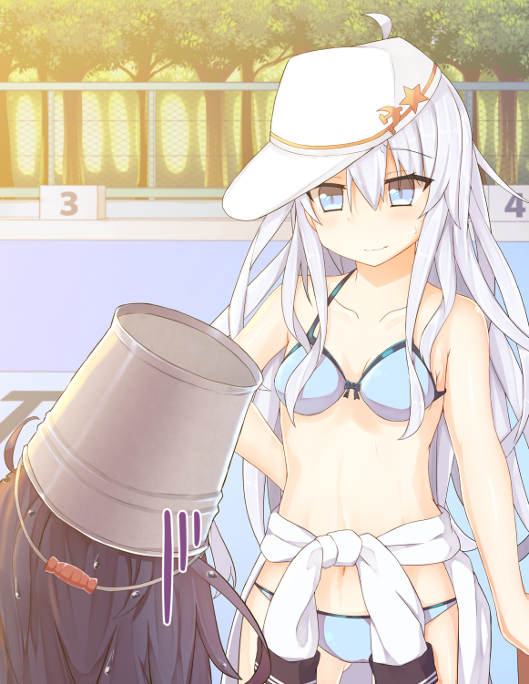 2girls abekawa_mochi akatsuki_(kantai_collection) back bare_shoulders bikini black_hair breasts bucket bucket_on_head collarbone empty_pool flat_cap hair_between_eyes hammer_and_sickle hat hibiki_(kantai_collection) kantai_collection light_blue_eyes long_hair multiple_girls navel object_on_head pool remodel_(kantai_collection) silver_hair small_breasts smile star swimsuit verniy_(kantai_collection) wet wet_hair