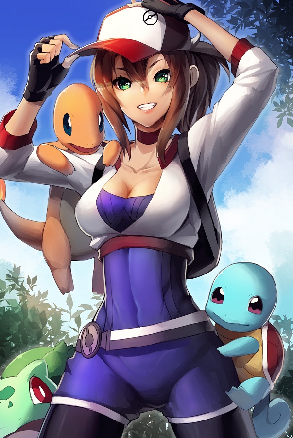 1girl adjusting_clothes adjusting_hat baseball_cap breasts brown_hair bulbasaur charmander clouds female_protagonist_(pokemon_go) fingerless_gloves gloves green_eyes grin hand_on_headwear hat long_hair looking_at_viewer pokemon pokemon_(creature) pokemon_go ponytail sky smile solo squirtle sukocchi tree