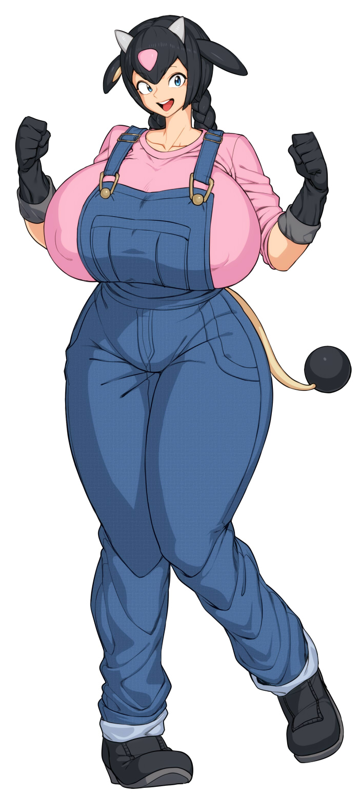 1girl black_hair blue_eyes braid breasts covered_nipples denim fist_pump gigantic_breasts gloves highres horns miltank open_mouth overalls personification pink_shirt pokemon shirt solo space_jin tail teeth tongue twin_braids wide_hips