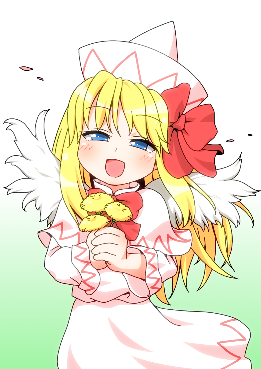 1girl :d blonde_hair blush bow capelet dress flower hair_bow half-closed_eyes hat head_tilt highres large_bow lily_white long_hair looking_at_viewer open_mouth petals smile solo touhou unachika wings