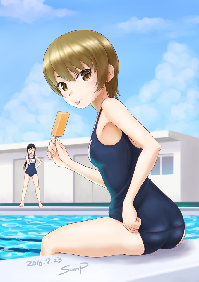:p ass blush brown_eyes brown_hair dated looking_at_viewer one-piece_swimsuit ponytail pool popsicle school_girl_strikers school_swimsuit short_hair signature smile sunsun69 swimsuit tongue tongue_out uraba_aoi wakatsuki_chika