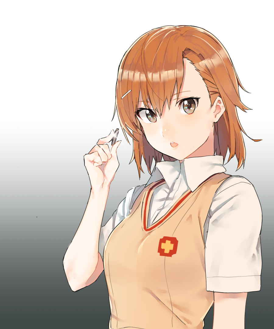 1girl brown_eyes brown_hair coin gradient gradient_background hair_ornament hairpin misaka_mikoto nesume open_mouth school_uniform short_hair solo sweater_vest to_aru_kagaku_no_railgun_s to_aru_majutsu_no_index