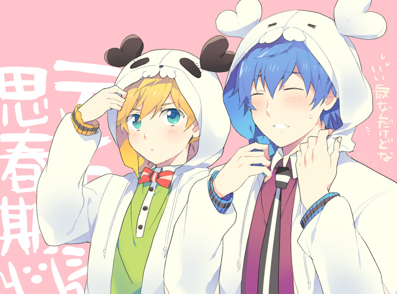 2boys ^_^ adjusting_collar aqua_eyes bear_hood blue_hair blush bow bowtie closed_eyes collared_shirt drawstring flying_sweatdrops grin hair_between_eyes hand_up hood hooded_jacket jacket kagamine_len kaito long_sleeves looking_at_viewer looking_up male_focus multiple_boys necktie open_clothes open_jacket pink_background polo_shirt project_diva_(series) shirt sinaooo smile suki_kirai_(vocaloid) sweat translation_request upper_body vocaloid white_jacket