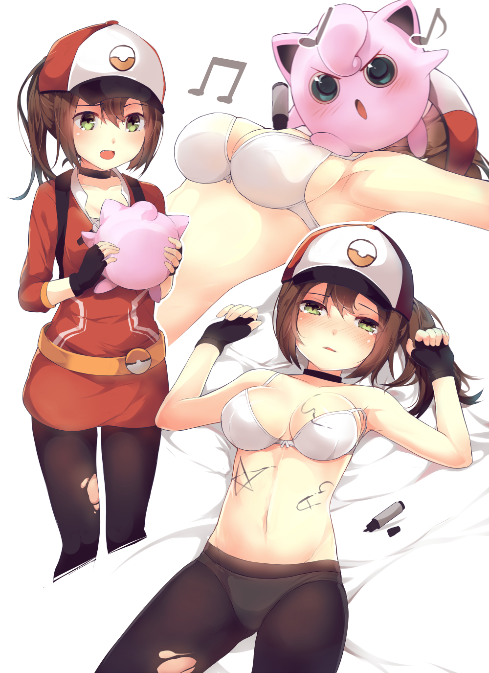 &gt;:o 1girl :o armpits baseball_cap black_legwear blush bra breasts brown_hair collarbone commentary deru06 eye_contact fang female_protagonist_(pokemon_go) fingerless_gloves gloves green_eyes hair_between_eyes hat highres jacket jigglypuff leggings long_hair looking_at_another looking_at_viewer lying medium_breasts midriff musical_note on_back outstretched_arms panties parted_lips pokemon pokemon_(creature) pokemon_go ponytail red_jacket sideboob sitting sitting_on_face sitting_on_person spoken_musical_note torn_leggings underwear underwear_only white_bra