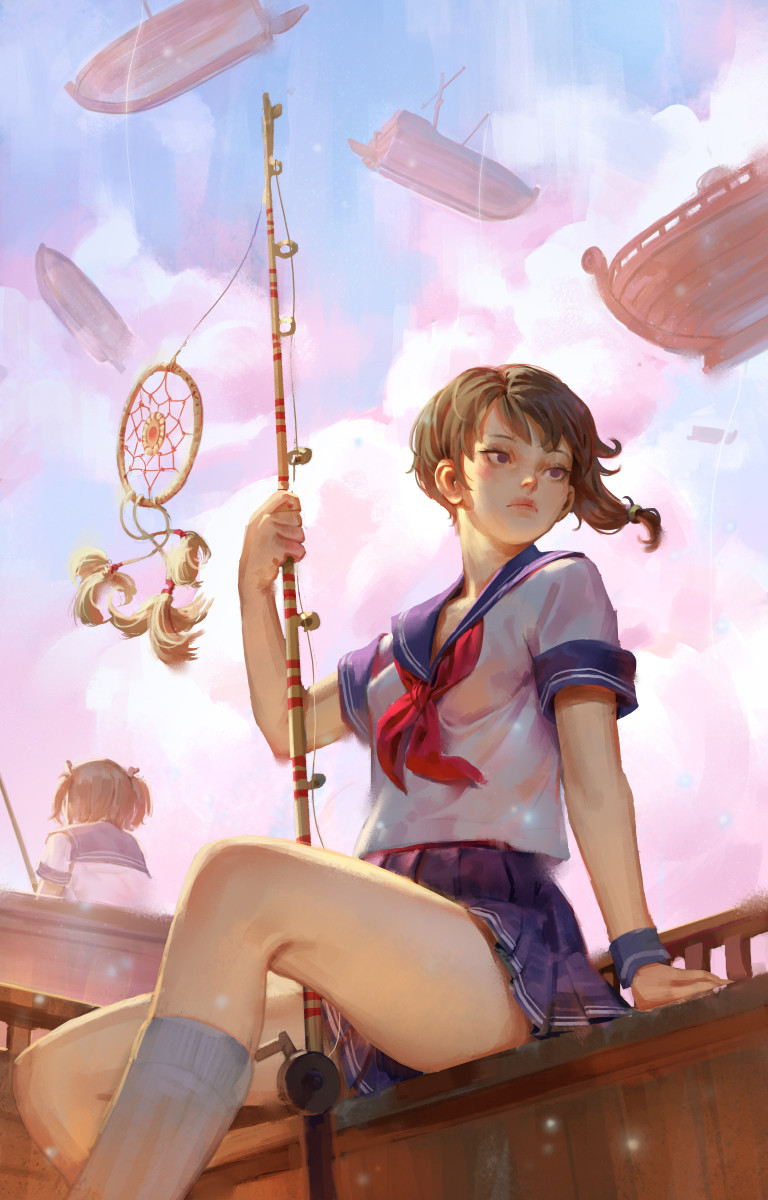 2girls arm_support arm_up armband black_eyes blouse blue_skirt boat brown_hair clouds cloudy_sky day dream_catcher fishing_rod highres holding holding_fishing_rod kneehighs looking_afar multiple_girls neckerchief one_side_up original pleated_skirt sailor_collar school_uniform serafuku short_hair sitting skirt sky solo solo_focus tim_loechner two_side_up upper_body watercraft white_blouse white_legwear
