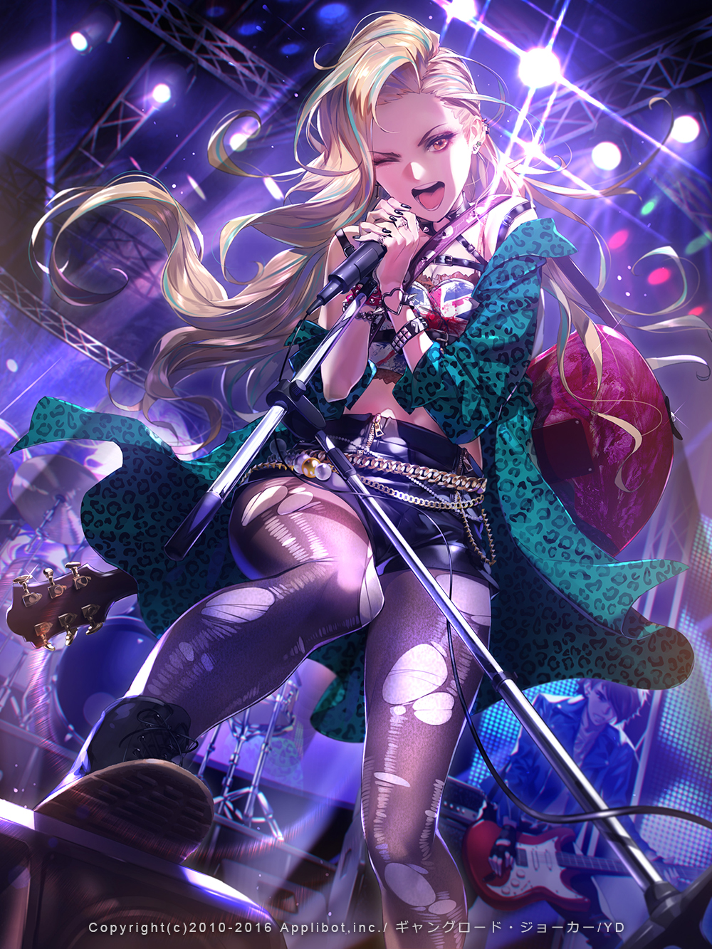 1boy 1girl ;d belt black_legwear black_nails blonde_hair boots bracelet breasts brown_eyes cleavage drum drum_set ear_piercing electric_guitar furyou_michi_~gang_road~ guitar highres instrument jewelry leopard_print long_hair microphone microphone_stand nail_polish off_shoulder one_eye_closed open_mouth pantyhose piercing ring shorts smile teeth tongue torn_clothes torn_pantyhose yang-do