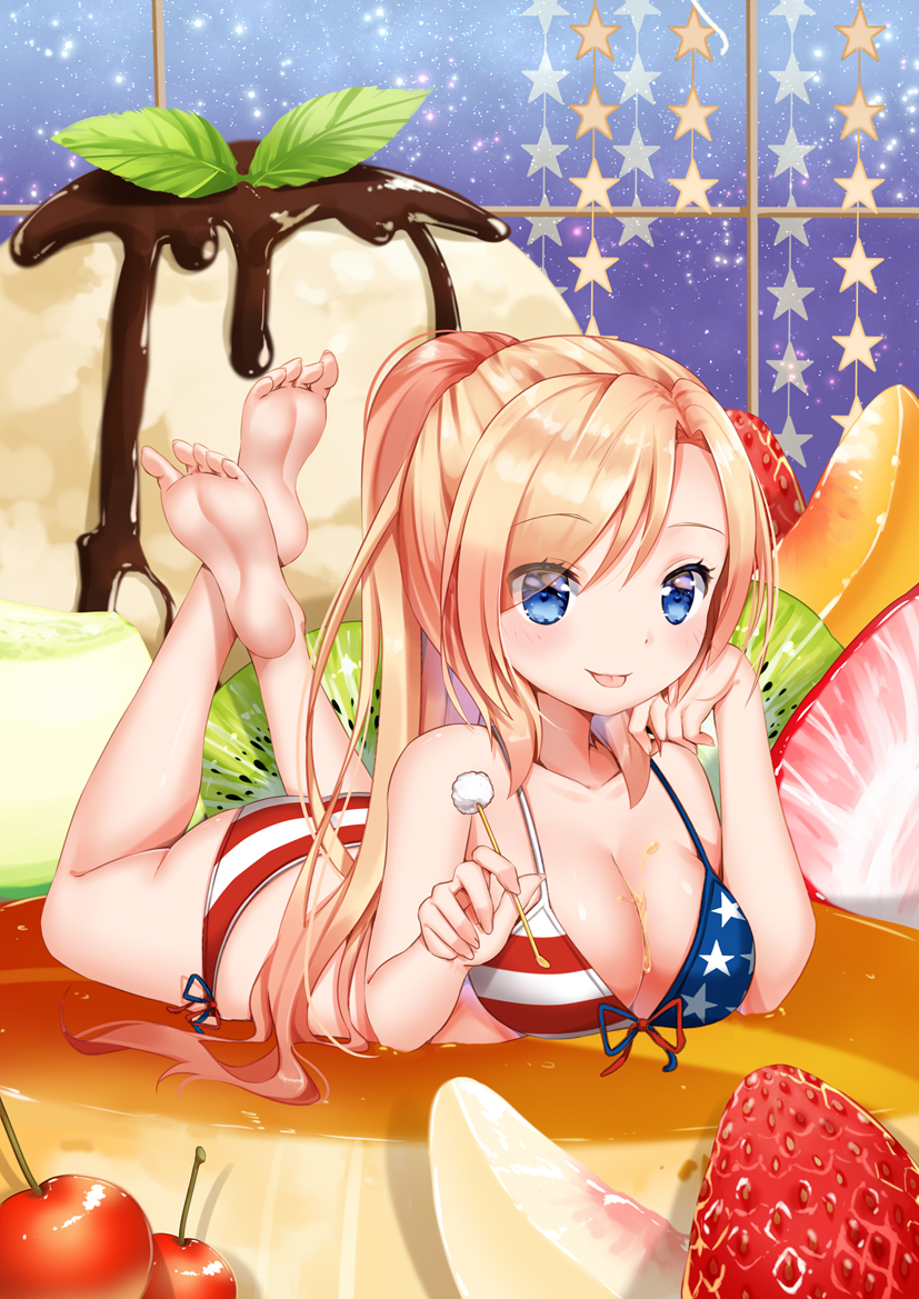 1girl :p american_flag_bikini archerfish_(zhan_jian_shao_nyu) barefoot bikini blonde_hair breasts chocolate cleavage collarbone eyebrows eyebrows_visible_through_hair feet flag_print food fruit full_body hand_on_own_cheek holding kiwifruit kneepits legs_up long_hair looking_at_viewer lying mamemena medium_breasts minigirl on_stomach ponytail pudding sky soles solo star star_(sky) starry_sky strawberry sweets swimsuit the_pose toes tongue tongue_out window zhan_jian_shao_nyu
