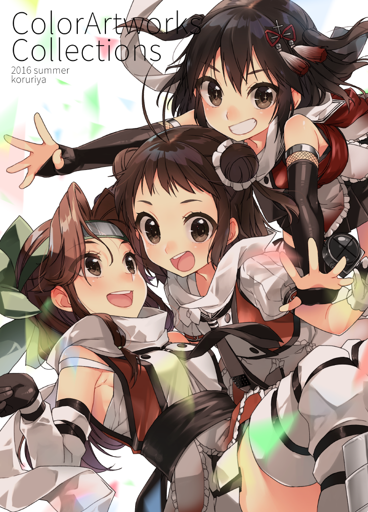 3girls antenna_hair bow brown_eyes brown_hair cover cover_page detached_sleeves double_bun doujin_cover elbow_gloves fingerless_gloves forehead_protector gloves hachimaki hair_bow hair_intakes half_updo headband jintsuu_(kantai_collection) kantai_collection ko_ru_ri long_hair looking_at_another looking_at_viewer multiple_girls naka_(kantai_collection) open_mouth outstretched_arms outstretched_hand ponytail remodel_(kantai_collection) scarf school_uniform searchlight sendai_(kantai_collection) serafuku smile thigh-highs two_side_up white_scarf