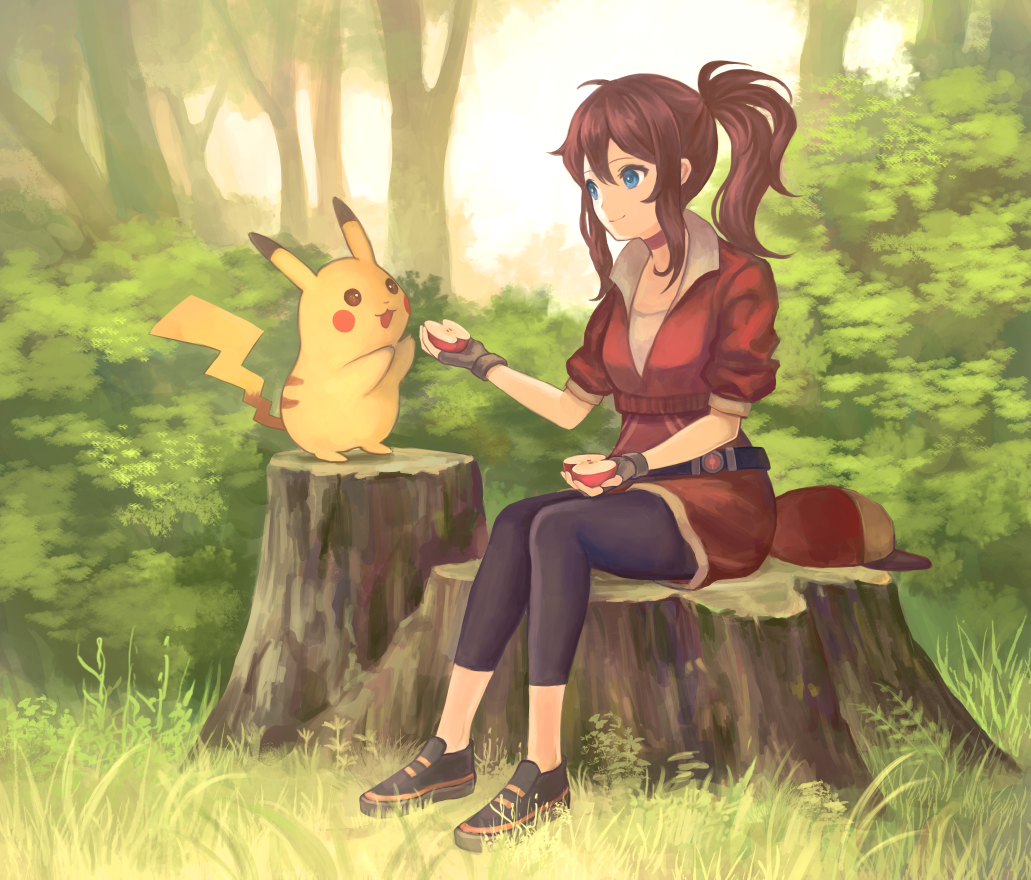 1girl apple baseball_cap blurry brown_hair bush cropped_jacket depth_of_field female_protagonist_(pokemon_go) fingerless_gloves food forest fruit gloves grass hair_between_eyes hat hat_removed headwear_removed leggings long_hair looking_at_another nature okakan outdoors pikachu plant pokemon pokemon_(creature) pokemon_go ponytail red_shirt shirt sitting smile tree tree_stump