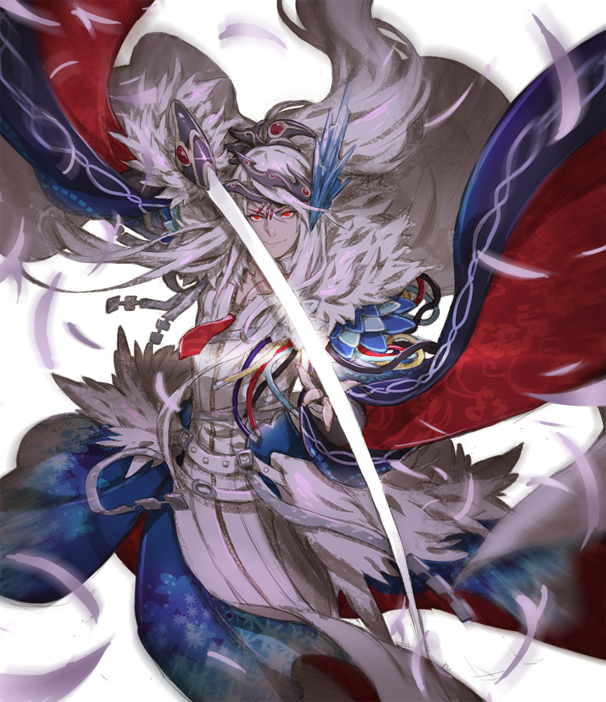 1boy cape fur_trim jacketbear lin_xue_ya long_hair long_sleeves looking_at_viewer male_focus red_eyes smile spoilers sword thunderbolt_fantasy weapon white_background white_feathers white_hair