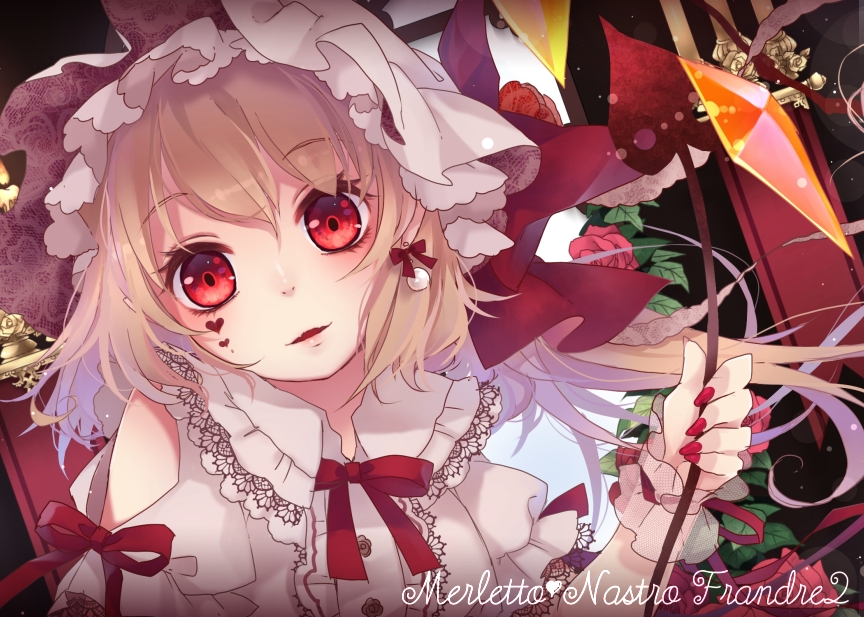 1girl blonde_hair blush bow bowtie commentary_request crystal earrings embellished_costume facial_tattoo fangs flandre_scarlet hat hat_ribbon heart_tattoo jewelry looking_at_viewer mob_cap nail_polish parted_lips puffy_short_sleeves puffy_sleeves red_bow red_bowtie red_eyes red_nails red_ribbon ribbon short_sleeves side_ponytail smile tattoo touhou toutenkou wings wrist_cuffs