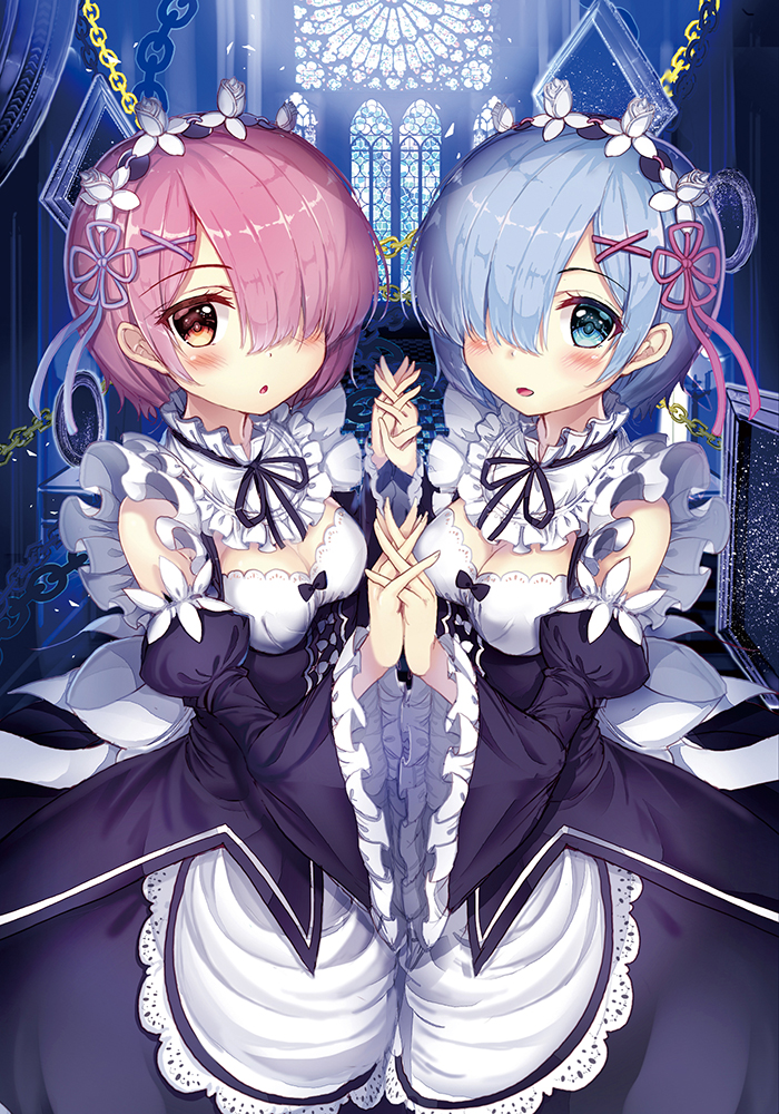 2girls :o akabane_(zebrasmise) apron blue_eyes blue_hair blush bow breasts chain church church_interior cleavage detached_collar detached_sleeves dress frilled_sleeves frills from_side hair_ornament hair_over_one_eye holding_hands indoors interlocked_fingers lace lace-trimmed_apron looking_at_viewer maid maid_headdress medium_breasts multiple_girls open_mouth pink_hair ram_(re:zero) re:zero_kara_hajimeru_isekai_seikatsu red_eyes rem_(re:zero) short_hair siblings sisters stained_glass twins underbust wide_sleeves window x_hair_ornament