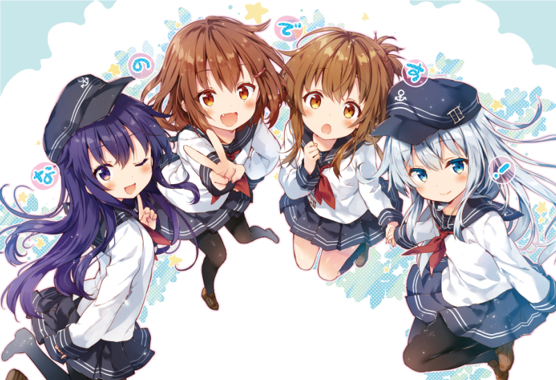 4girls :d ;d akatsuki_(kantai_collection) black_hair black_legwear blue_eyes blue_hair blue_skirt brown_eyes brown_hair brown_shoes clenched_hand closed_mouth eyebrows eyebrows_visible_through_hair fang finger_to_mouth flat_cap hair_ornament hairclip hat hibiki_(kantai_collection) holding_hands ikazuchi_(kantai_collection) inazuma_(kantai_collection) kantai_collection loafers long_hair long_sleeves multiple_girls neckerchief one_eye_closed open_mouth outstretched_arm outstretched_arms pantyhose pleated_skirt riichu sailor_collar shirt shoes skirt sleeves_past_wrists smile v white_shirt