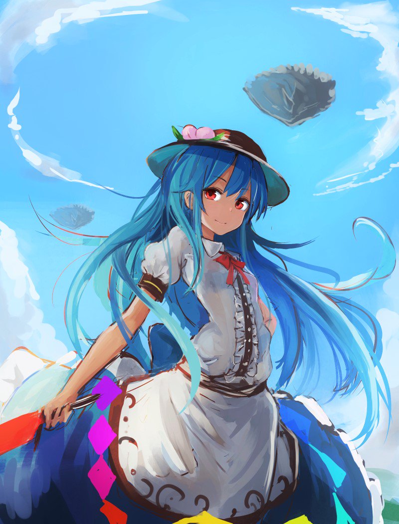 1girl black_hat blue_hair blue_skirt bow bowtie cowboy_shot dress_shirt food fruit hat hinanawi_tenshi holding holding_sword holding_weapon homo_1121 keystone leaf long_skirt looking_at_viewer peach puffy_short_sleeves puffy_sleeves rainbow_gradient rainbow_order red_bow red_bowtie red_eyes shirt short_sleeves skirt smile solo sword sword_of_hisou touhou weapon white_shirt