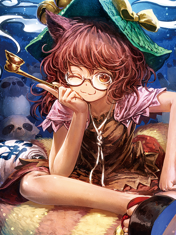1girl ;3 animal animal_ears bangs bell bow breasts brown_eyes brown_hair clog_sandals closed_mouth frills futatsuiwa_mamizou geta glasses gourd hair_between_eyes hat hat_bow holding holding_pipe jingle_bell kiseru lain leaf light_particles looking_at_another looking_at_viewer pipe raccoon_ears raccoon_tail red_skirt semi-rimless_glasses short_sleeves skirt small_breasts smile smoke smoking_pipe solo_focus tail tanuki touhou under-rim_glasses wavy_hair yellow_bow