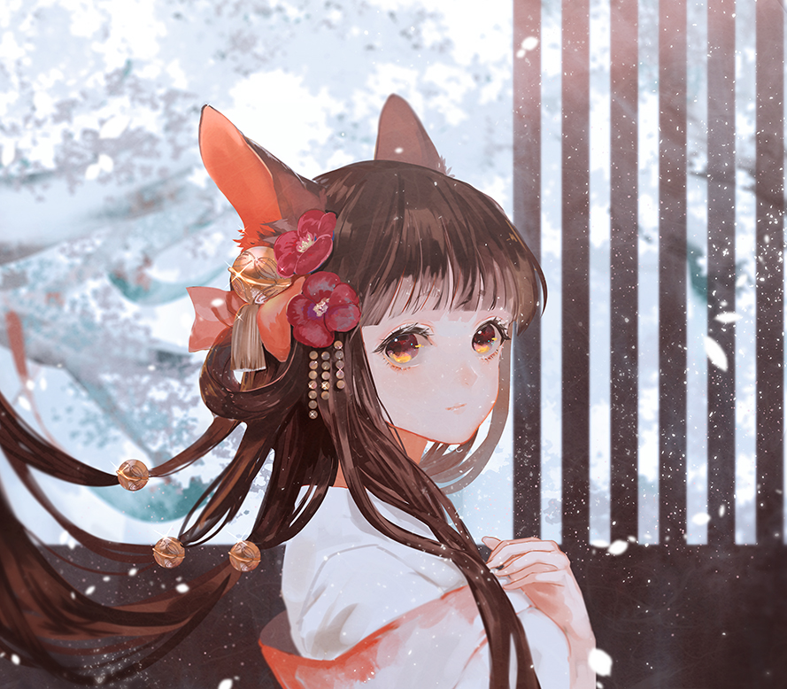1girl animal_ears bell brown_eyes brown_hair cat_ears cat_girl day flower hair_bell hair_flower hair_ornament hana_(asml30) hand_on_own_chest long_hair looking_at_viewer original snow solo upper_body