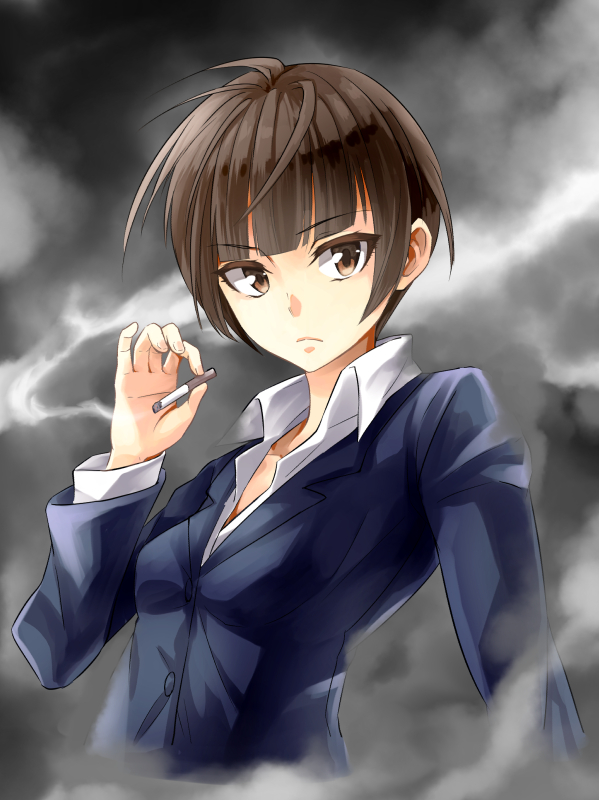 1girl bangs blunt_bangs brown_eyes brown_hair cigarette formal looking_at_viewer psycho-pass short_hair smoking solo suit tsunemori_akane yyo