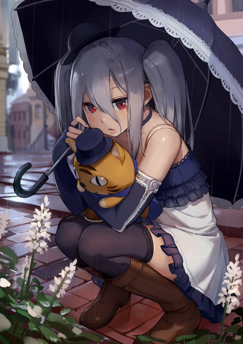 1girl black_gloves black_legwear boots choker doll_joints dress elbow_gloves fingerless_gloves flower gloves granblue_fantasy hair_between_eyes hat knee_boots lolita_fashion long_hair looking_at_viewer mini_hat object_hug orchis parted_lips rain red_eyes shingeki_no_bahamut silver_hair solo squatting stuffed_animal stuffed_toy tetsuo_(amenohutikoma) thigh-highs twintails umbrella