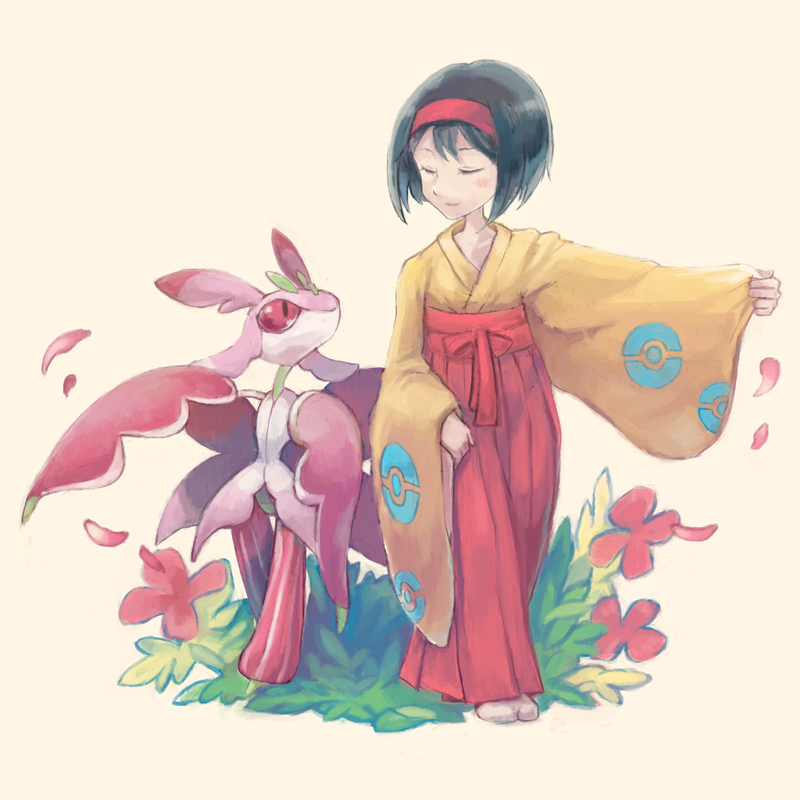 1girl bad_proportions black_hair closed_eyes erika_(pokemon) flower hairband hakama japanese_clothes lurantis petals pokemon pokemon_(creature) polyacryla standing wide_sleeves