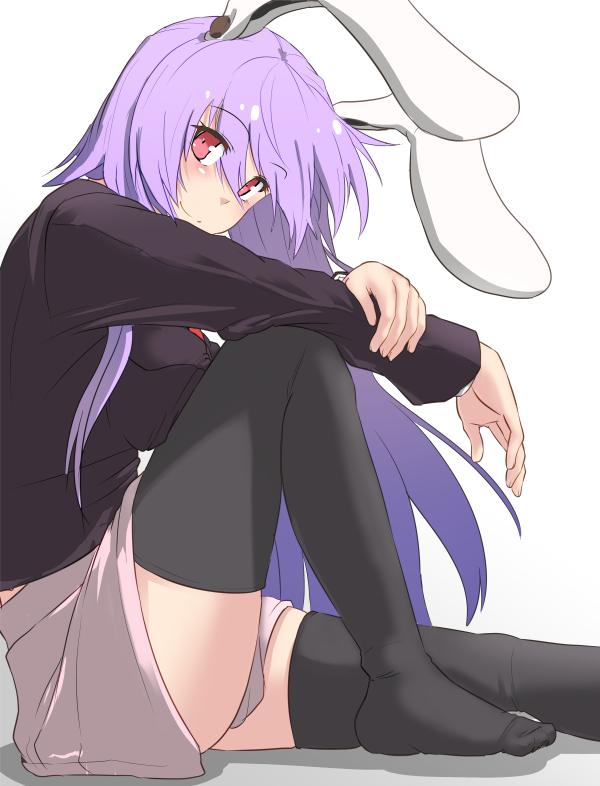 1girl animal_ears black_legwear blazer blush breasts commentary_request from_side jacket knee_up large_breasts lavender_hair long_hair long_sleeves looking_at_viewer necktie no_shoes nokishita_kumoemon pink_skirt rabbit_ears red_eyes red_necktie reisen_udongein_inaba skirt smile solo thigh-highs touhou very_long_hair