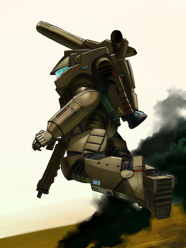 1boy armor desert gun helmet inui_(jt1116) jetpack jumping machine_gun mecha power_armor sand science_fiction shoulder_cannon smoke soldier starship_troopers uchuu_no_senshi weapon