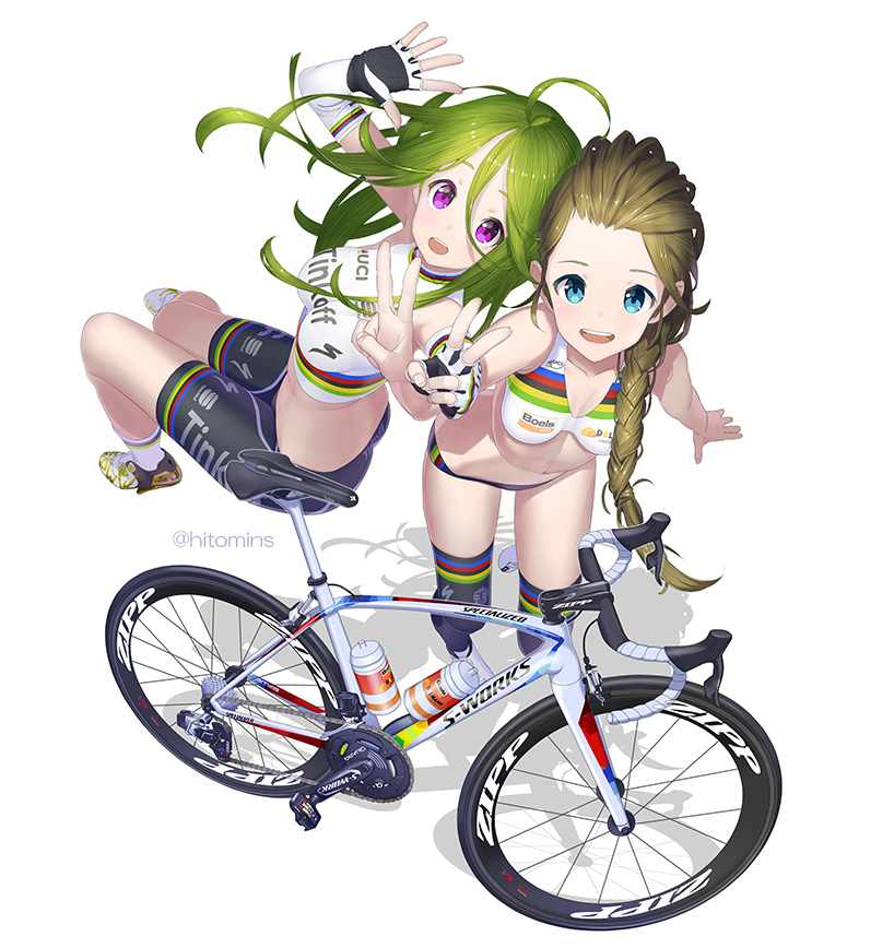 2girls ahoge bicycle bike_jersey bike_shorts blue_eyes blush braid breasts brown_hair commentary_request fingerless_gloves from_above gloves green_hair ground_vehicle hitomi_kazuya long_hair looking_at_viewer looking_up multiple_girls navel open_mouth original single_braid smile thigh-highs v violet_eyes