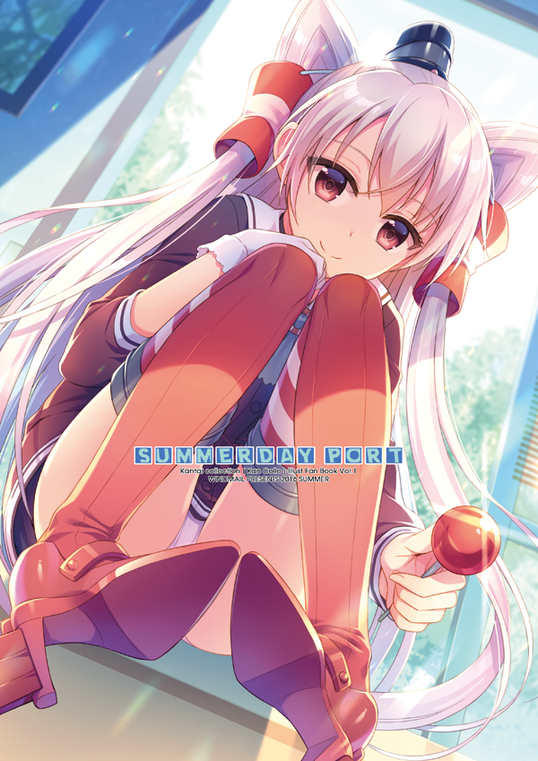 1girl amatsukaze_(kantai_collection) an2a backlighting black_hat blurry blush brown_eyes brown_shirt buttons candy closed_mouth day depth_of_field door food gloves hair_tubes hand_on_own_knee hat holding holding_food indoors kantai_collection lollipop long_hair long_sleeves looking_at_viewer mini_hat open_door panties pantyshot pantyshot_(sitting) picture_frame red_legwear red_shoes shirt shoe_soles shoes silver_hair single_glove sitting smile solo sunlight sweets thigh-highs twintails underwear very_long_hair violet_eyes white_gloves white_panties
