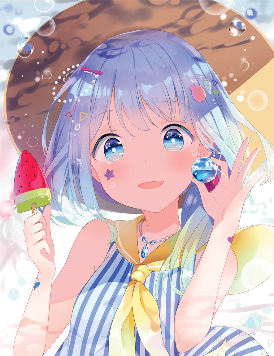 1girl blue_eyes blue_hair blush bubble food fruit hat hitsukuya jewelry looking_at_viewer necklace open_mouth original popsicle short_hair smile solo straw_hat striped watermelon