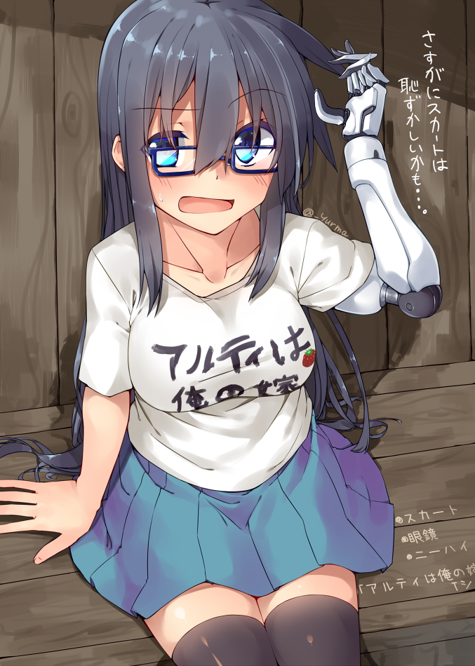 1girl adyisu amputee area_aquamarine black_hair blue_eyes blush breasts clothes_writing covered_navel cyborg large_breasts long_hair looking_at_viewer miniskirt open_mouth original prosthesis prosthetic_arm skirt smile solo thigh-highs translated very_long_hair zettai_ryouiki