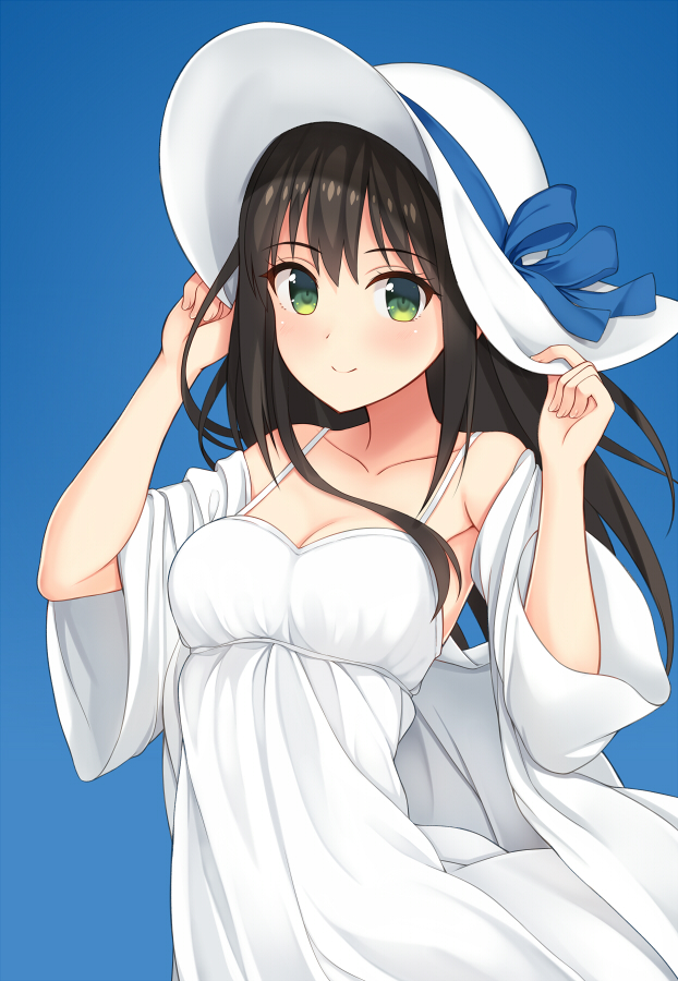 1girl bad_id bare_shoulders blue_background blush bow breasts brown_hair cleavage collarbone dress green_eyes hands_on_headwear hat hat_bow idolmaster idolmaster_cinderella_girls long_hair long_sleeves looking_at_viewer medium_breasts shibuya_rin shuuichi simple_background smile solo sun_hat sundress white_dress white_hat wind