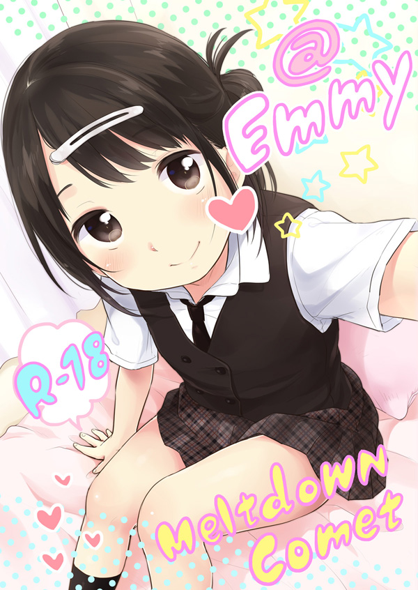 1girl arm_support black_hair blush brown_eyes hair_ornament hairclip looking_at_viewer necktie original outstretched_arm self_shot sitting skirt smile solo vest yukiu_kon