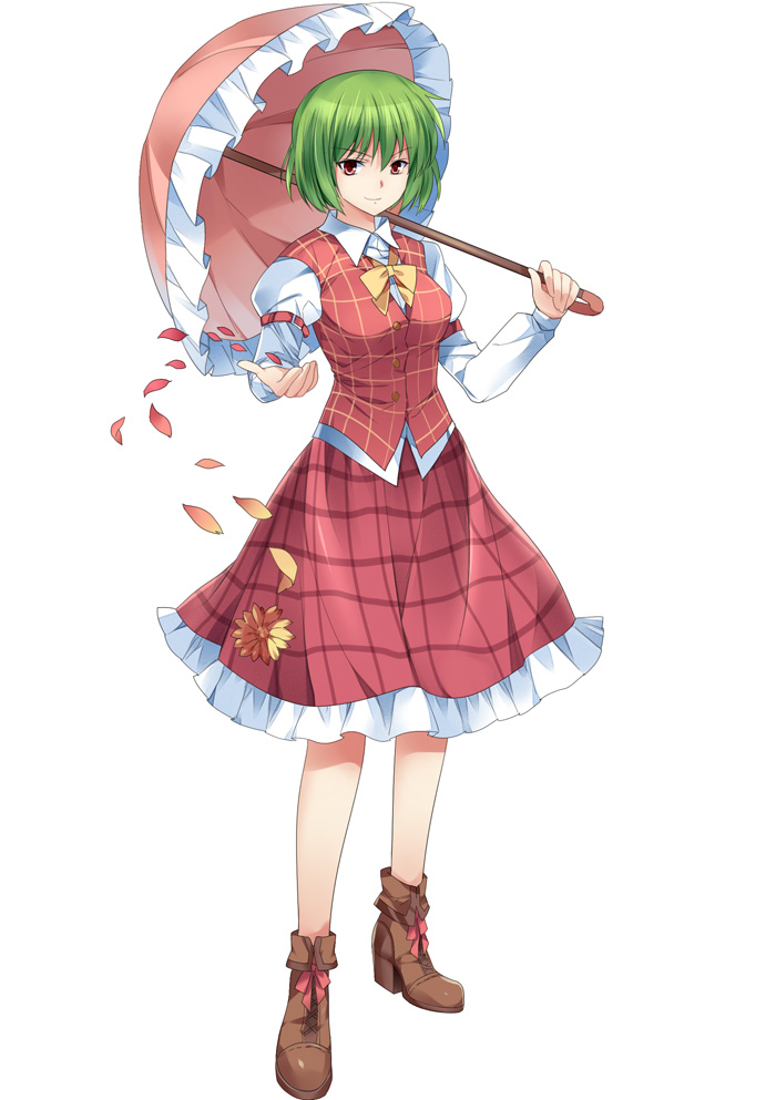 &gt;:) 1girl arm_garter bow bowtie brown_shoes flower full_body green_hair juliet_sleeves kazami_yuuka long_sleeves looking_at_viewer petals pico_(picollector79) plaid plaid_skirt plaid_vest puffy_sleeves red_eyes shoes short_hair skirt skirt_set solo sunflower touhou umbrella white_background yellow_bow yellow_bowtie