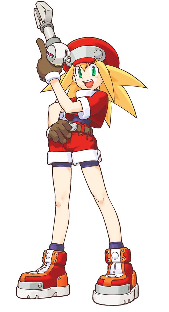 1girl bike_shorts blonde_hair boots gloves green_eyes hat highres long_hair official_art open_mouth red_shorts rockman rockman_dash roll_caskett shorts sidelocks smile solo
