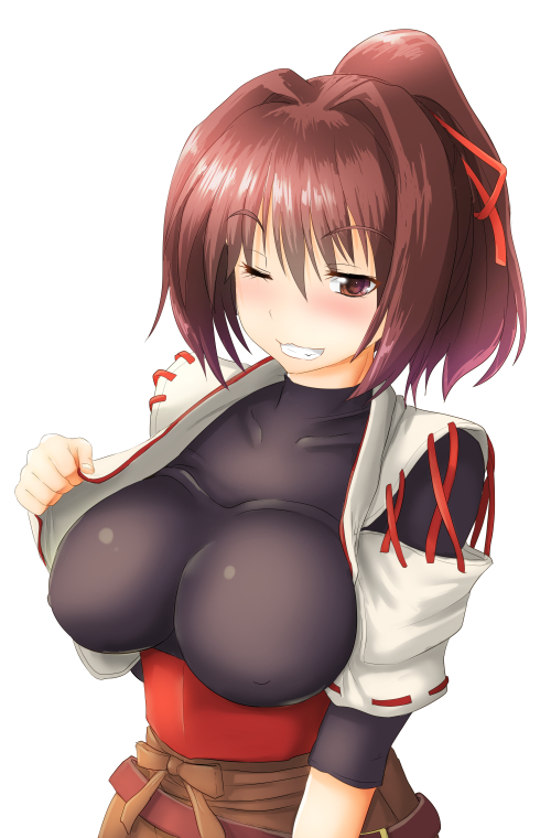 1girl ;) blush breasts brown_eyes brown_hair commentary_request grin hair_ribbon ise_(kantai_collection) japanese_clothes kantai_collection large_breasts looking_at_viewer nokishita_kumoemon nontraditional_miko one_eye_closed ponytail red_ribbon ribbon short_hair skin_tight smile solo undershirt upper_body white_background