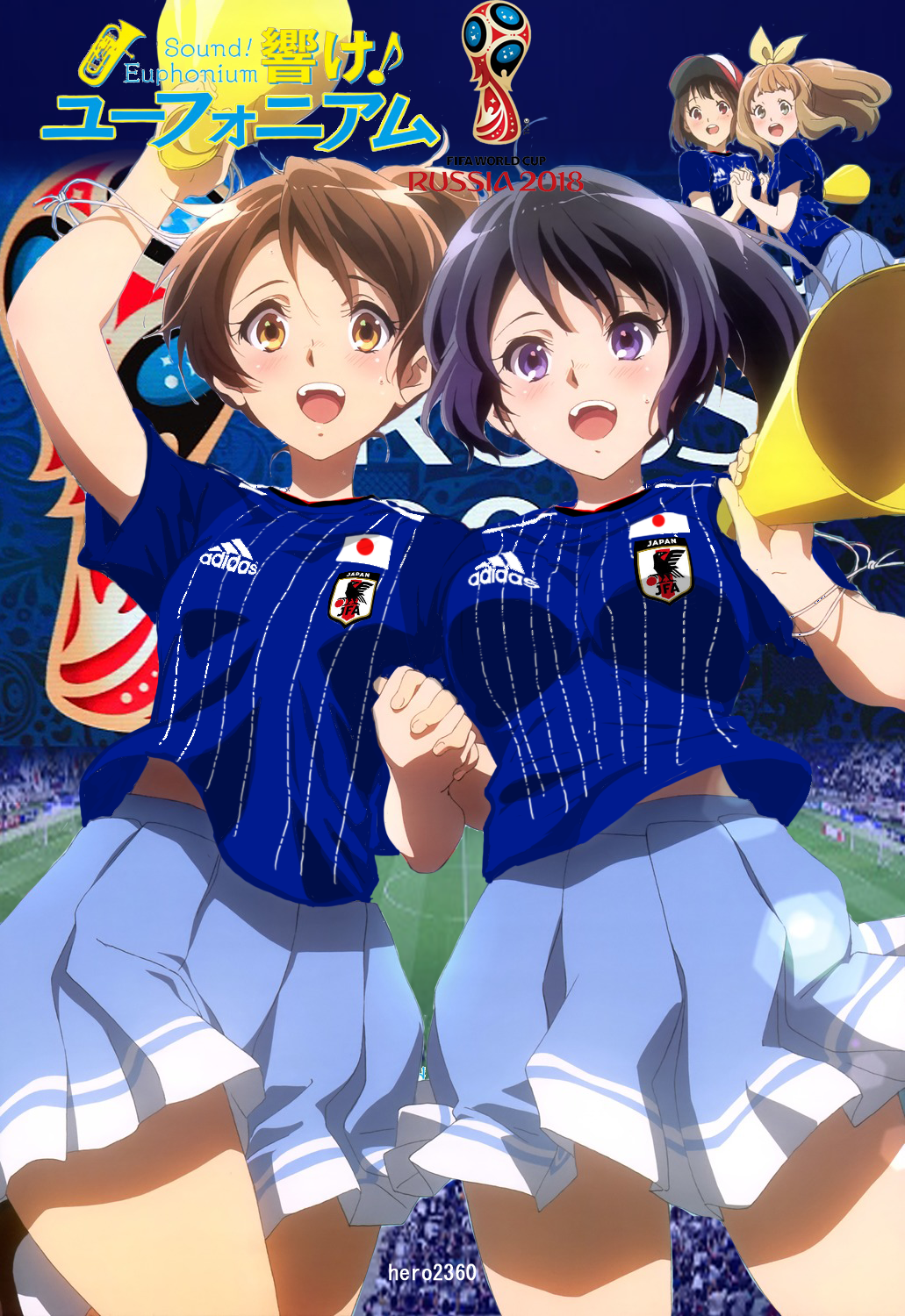 2018_fifa_world_cup 4girls :d adidas arm_up artist_name black_hair blue_skirt blush brown_hair copyright_name dated hand_holding hat hero2360 hibike!_euphonium highres instrument japan japanese_flag jpeg_artifacts kousaka_reina multiple_girls nakaseko_kaori open_mouth oumae_kumiko photo_background pleated_skirt skirt smile soccer_uniform sportswear standing string tuba watermark white_string world_cup yoshikawa_yuuko