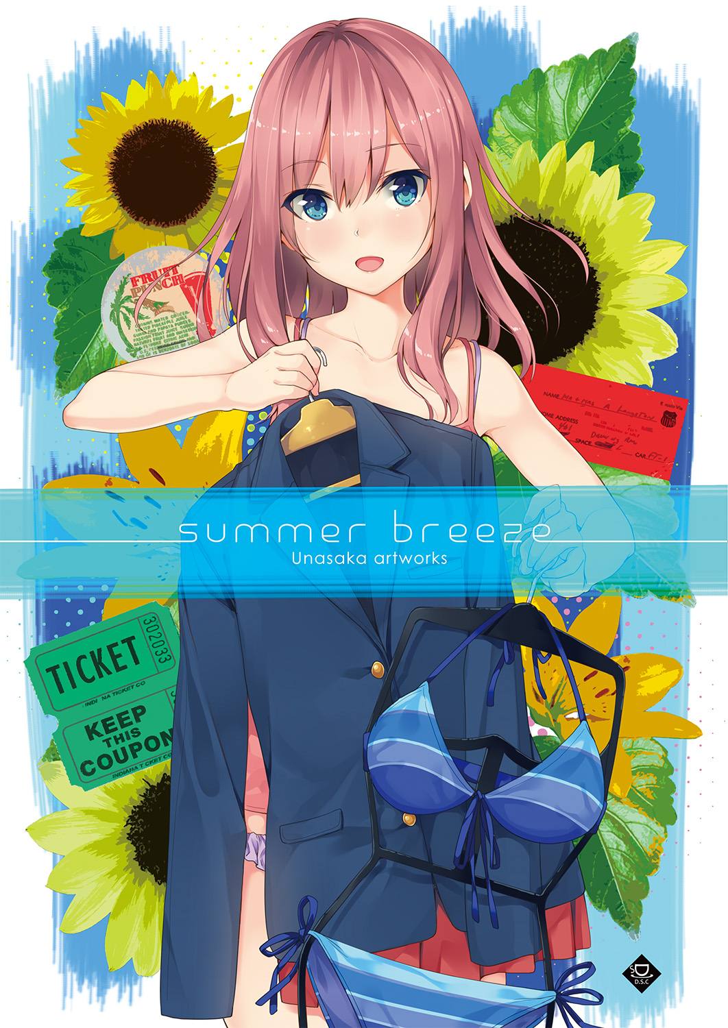 1girl artist_name bikini blue_eyes blush brown_hair clothes_hanger clothes_in_front cover cover_page doujin_cover flower highres long_hair open_mouth original panties solo striped striped_bikini sunflower swimsuit unasaka_ryou underwear underwear_only