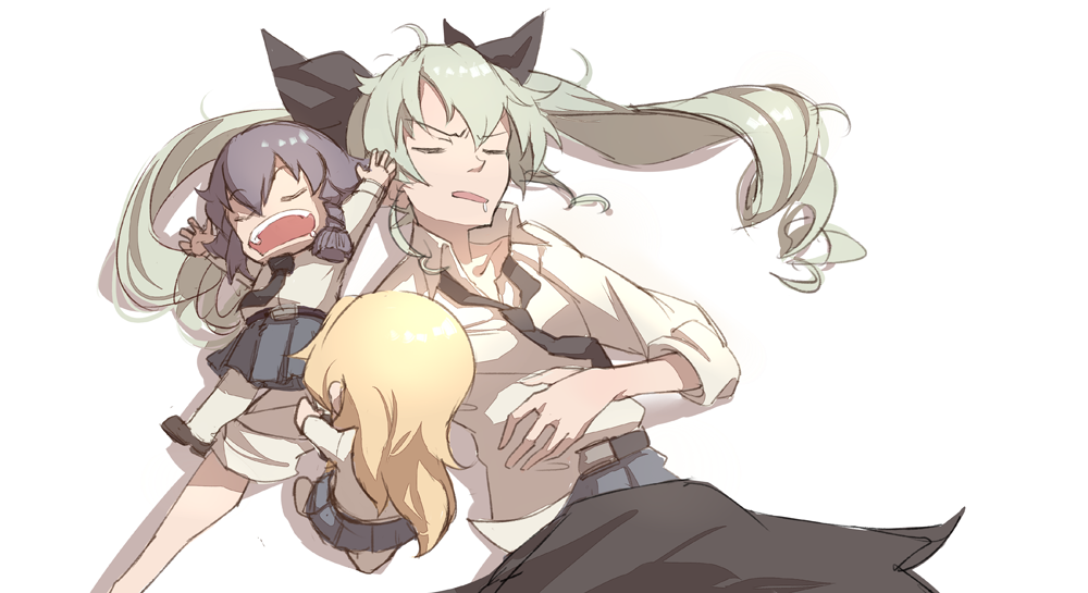 3girls anchovy blonde_hair braid carpaccio chibi closed_eyes die_(die0118) drooling girls_und_panzer green_hair hair_ribbon holding holding_another's_foot long_hair loose_necktie multiple_girls necktie open_mouth pepperoni_(girls_und_panzer) ribbon saliva silver_hair sleeping twintails