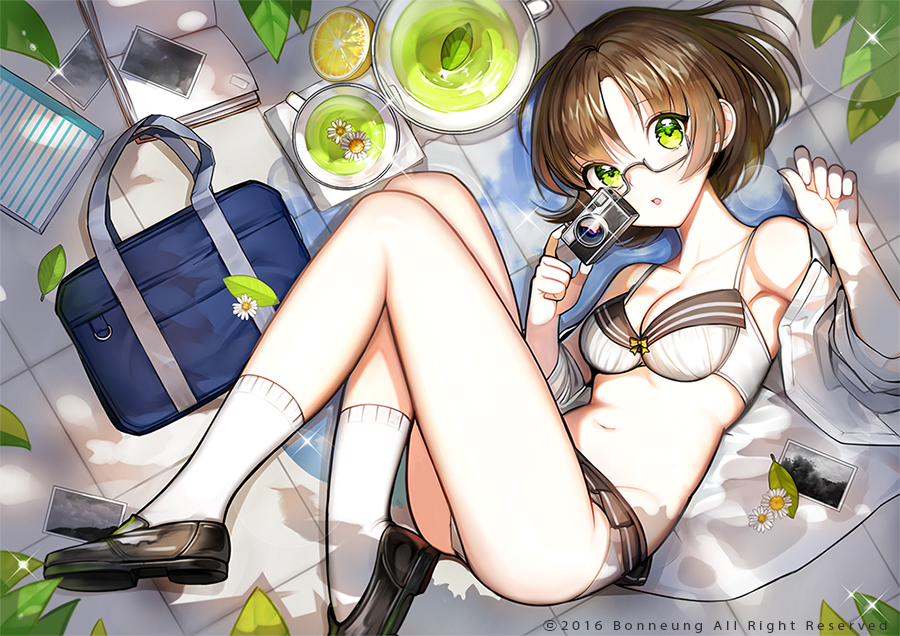 1girl 2016 artist_name bag black_shoes book bow bow_bra bra breasts brown_hair brown_skirt camera cleavage english flower food from_above fruit glasses glint green_eyes green_tea holding_camera honnou_(kjs9504) leaf lemon loafers lying navel notebook number on_side open_book open_clothes open_mouth open_shirt original panties photo_(object) pleated_skirt puddle school_bag school_uniform semi-rimless_glasses shirt shoes short_hair skirt skirt_lift solo sparkle tea under-rim_glasses underwear water watermark white_bra white_legwear white_panties
