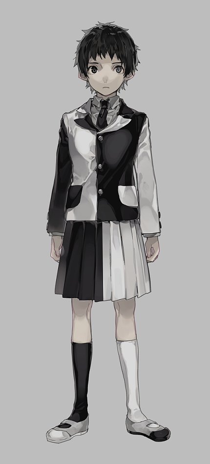 1girl black_eyes black_hair black_necktie buttons closed_mouth commentary full_body grey_background grey_eyes heterochromia jacket kneehighs long_sleeves looking_at_viewer natsu_natsuna necktie original pleated_skirt shirt shoes short_hair simple_background skirt solo standing